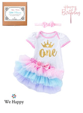 Baby Girl Birthday Costume Newborn Princess Theme 1st Birthday ONE Printed Party Wear with Tutu Skirt, Cake Topper and Floral Headband