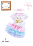 Baby Girl Birthday Costume Newborn Princess Theme 1st Birthday ONE Printed Party Wear with Tutu Skirt, Cake Topper and Floral Headband