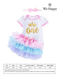 Baby Girl Birthday Costume Newborn Princess Theme 1st Birthday ONE Printed Party Wear with Tutu Skirt, Cake Topper and Floral Headband