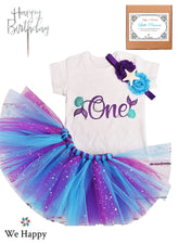 Baby Girl Birthday Costume Mermaid Under the sea Theme 1st Birthday ONE Printed Party Wear with Tutu Skirt, Cake Topper and Floral Headband