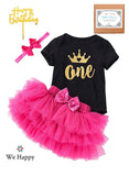Baby Girl Birthday Costume Newborn Princess Theme 1st Birthday ONE Printed Party Wear with Tutu Skirt, Cake Topper and Floral Headband