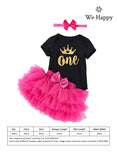 Baby Girl Birthday Costume Newborn Princess Theme 1st Birthday ONE Printed Party Wear with Tutu Skirt, Cake Topper and Floral Headband