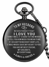Asmara Engraved Pocket Watch for Husband – Retro Black Quartz Pocket Watch with Chain – Romantic Vintage Gift for Husband – Anniversary Birthday Valentine Gift