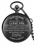Asmara Engraved Pocket Watch for Husband – Retro Black Quartz Pocket Watch with Chain – Romantic Vintage Gift for Husband – Anniversary Birthday Valentine Gift