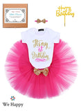 Birthday Costume Princess Theme Dressing up Toy Baby Girl Party Fancy Wear with Tutu Skirt, Cake Topper and Floral Headband