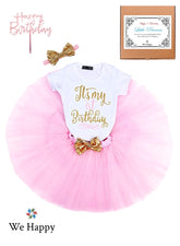 Birthday Costume Princess Theme Dressing up Toy Baby Girl Party Fancy Wear with Tutu Skirt, Cake Topper and Floral Headband