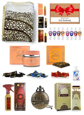 Ramadan Eid Gift Set - Prayer Mat, Digital Tasbih Counter, Nabeel Roll On, Oudh, Bakhoor, Perfume, Room Freshener and Mini Bakhoor Sanitizer, Kaaba Design Pocket Watch Elegant and Budget Friendly Islamic Gift Box for Muslim Family, Friends and Loved Ones