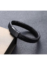 Handmade Braided Leather Bracelet for Men Black Magnetic Clasp, Biker Inspired Wristband