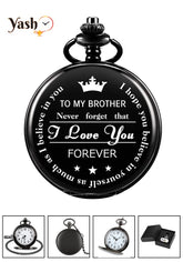 Yash Pocket Watch - Vintage Engraved Pocket Watch for Brother - Unique Gift for Brother Birthday, Graduation, Christmas, or Special Occasion - Stylish Black Quartz Timepiece with Chain in Elegant Gift Box
