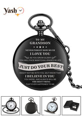 Yash Pocket Watch for Grandson – Engraved Vintage Timepiece with Inspirational Message – Elegant Black Quartz Fob Watch with Chain – Sentimental Gift for Grandson’s Birthday, Graduation, Christmas, or Special Occasion