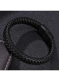 Handmade Braided Leather Bracelet for Men Black Magnetic Clasp, Biker Inspired Wristband