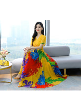 Womens V Neck Maxi Dress, Floral Chiffon Summer Beach Boho Long Dress for Wedding, Party, Prom, Vacation - Elegant Slim Fit Ruffle Hem Gown