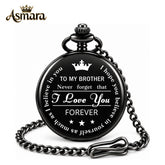 Asmara Vintage Engraved Pocket Watch for Brother - Unique Gift for Brother Birthday, Graduation, Christmas, or Special Occasion - Stylish Black Quartz Timepiece with Chain