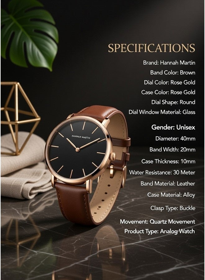 Hannah Martin Women's Leather Strap Watch Black Dial Brown Strap - photo 13