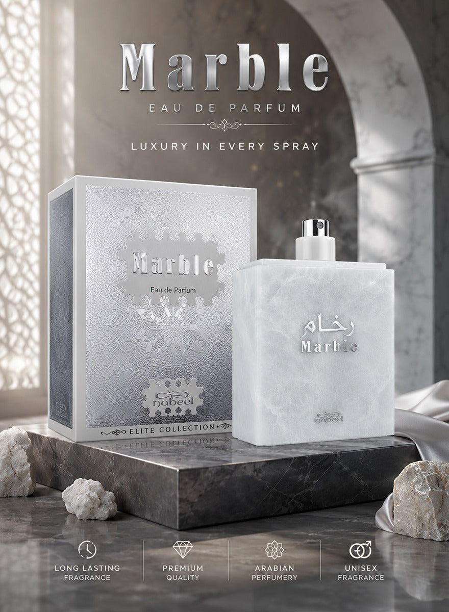 Nabeel Marble EDP 80ML luxury Arabian perfume bottle and presentation box on marble display