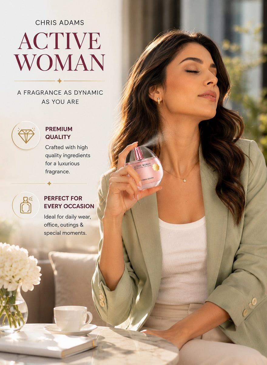 Elegant Chris Adams Active Woman fragrance perfect for office and casual wear
