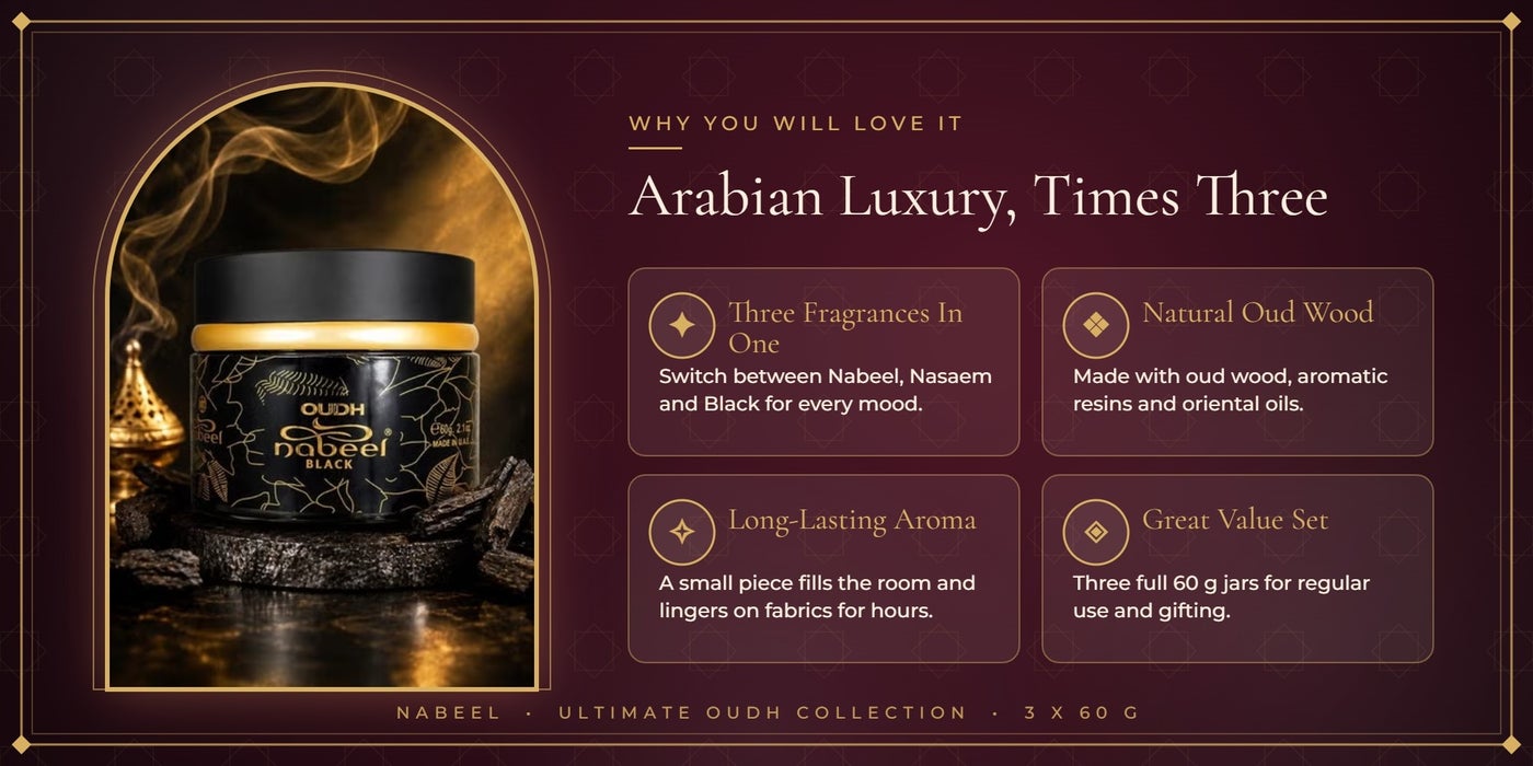 Nabeel Oudh Bakhoor Collection pack of 3 – Nabeel, Nasaem and Black 60g