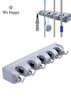 Broom Holder Mop Organizer Wall Mounted Home Storage Space Saving Tools Rack - 5 Positions with 6 Hooks
