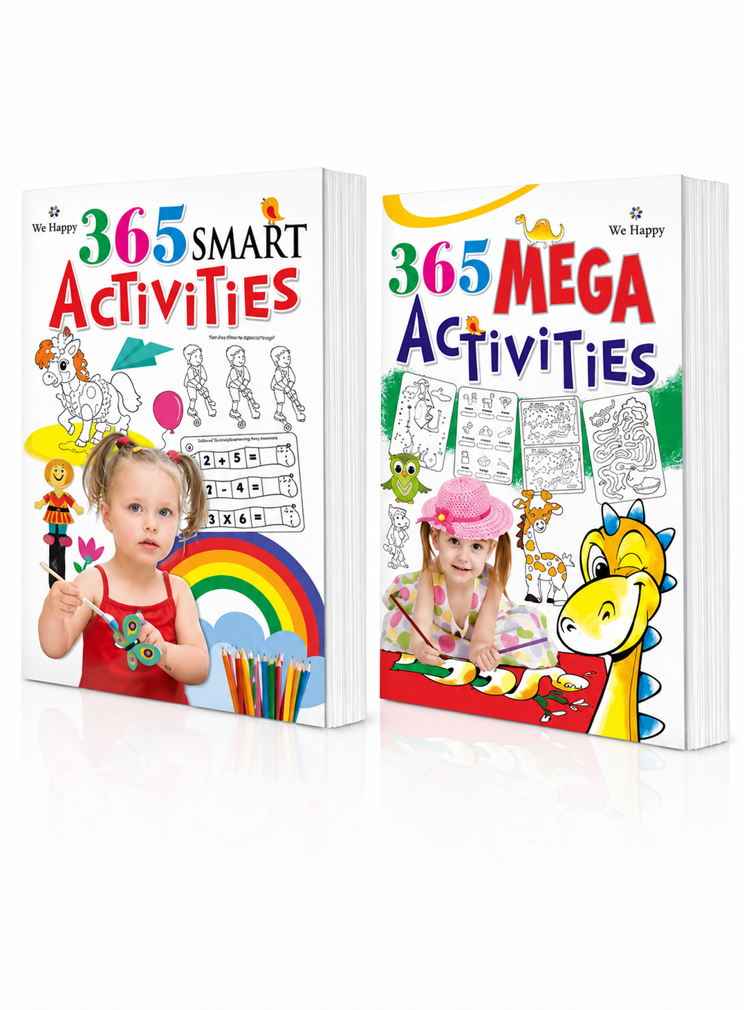 Two children's activity books shown on a clean white background: '365 Smart Activities' on the left and '365 Mega Activities' on the right. Both covers feature colorful title text, cartoon illustrations, and a young child in the photo on the front.