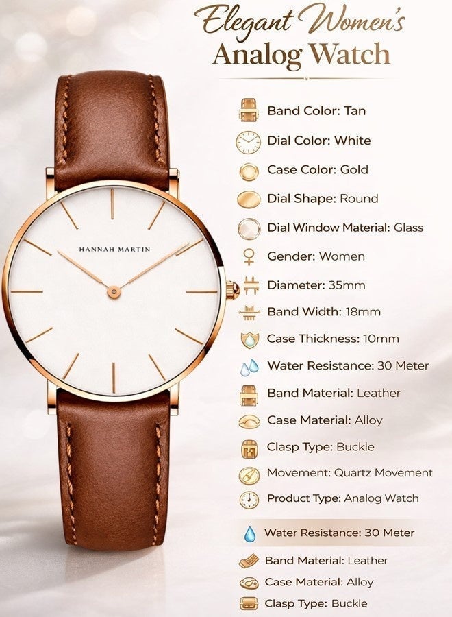 Hannah Martin Women's Leather Strap Watch White Dial Tan Strap - photo 10