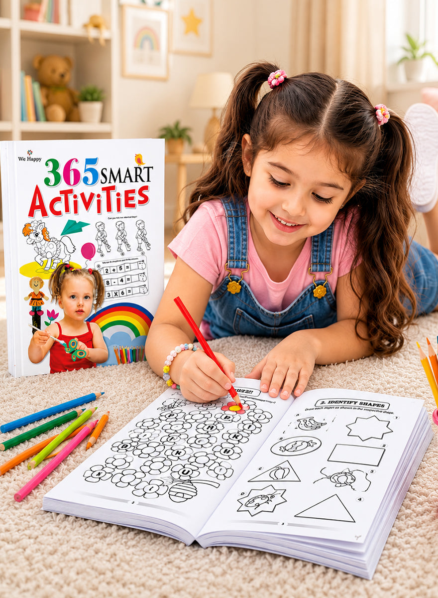 A young girl with long brown hair in pigtails lies on a beige carpet, coloring in a children's activity book with a red pencil. The book cover reads '365 SMART Activities' and shows a cartoon illustration of the girl.