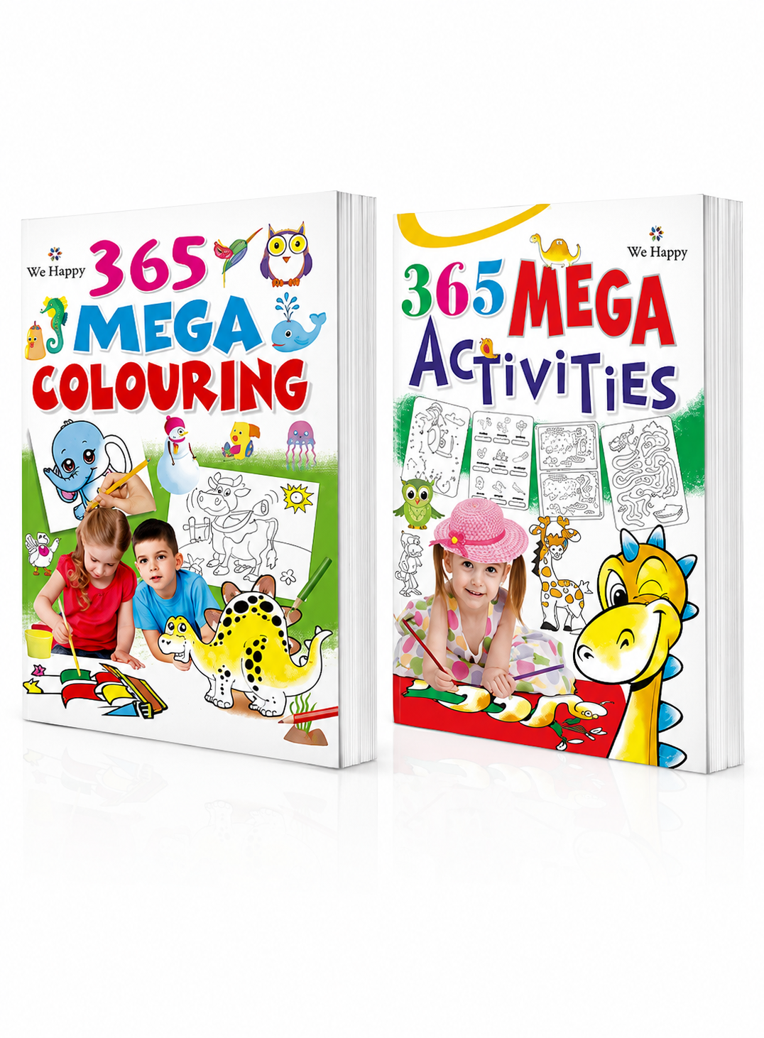 Two children's activity books shown on a white background: '365 Mega Colouring' and '365 Mega Activities' by We Happy. The covers are colorful with cartoon animals, children, and activity panels.