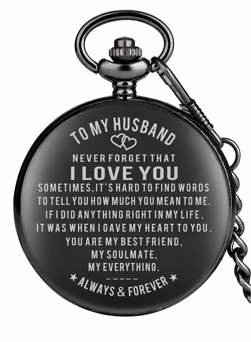 Asmara Engraved Pocket Watch for Husband – Retro Black Quartz Pocket Watch with Chain – Romantic Vintage Gift for Husband – Anniversary Birthday Valentine Gift
