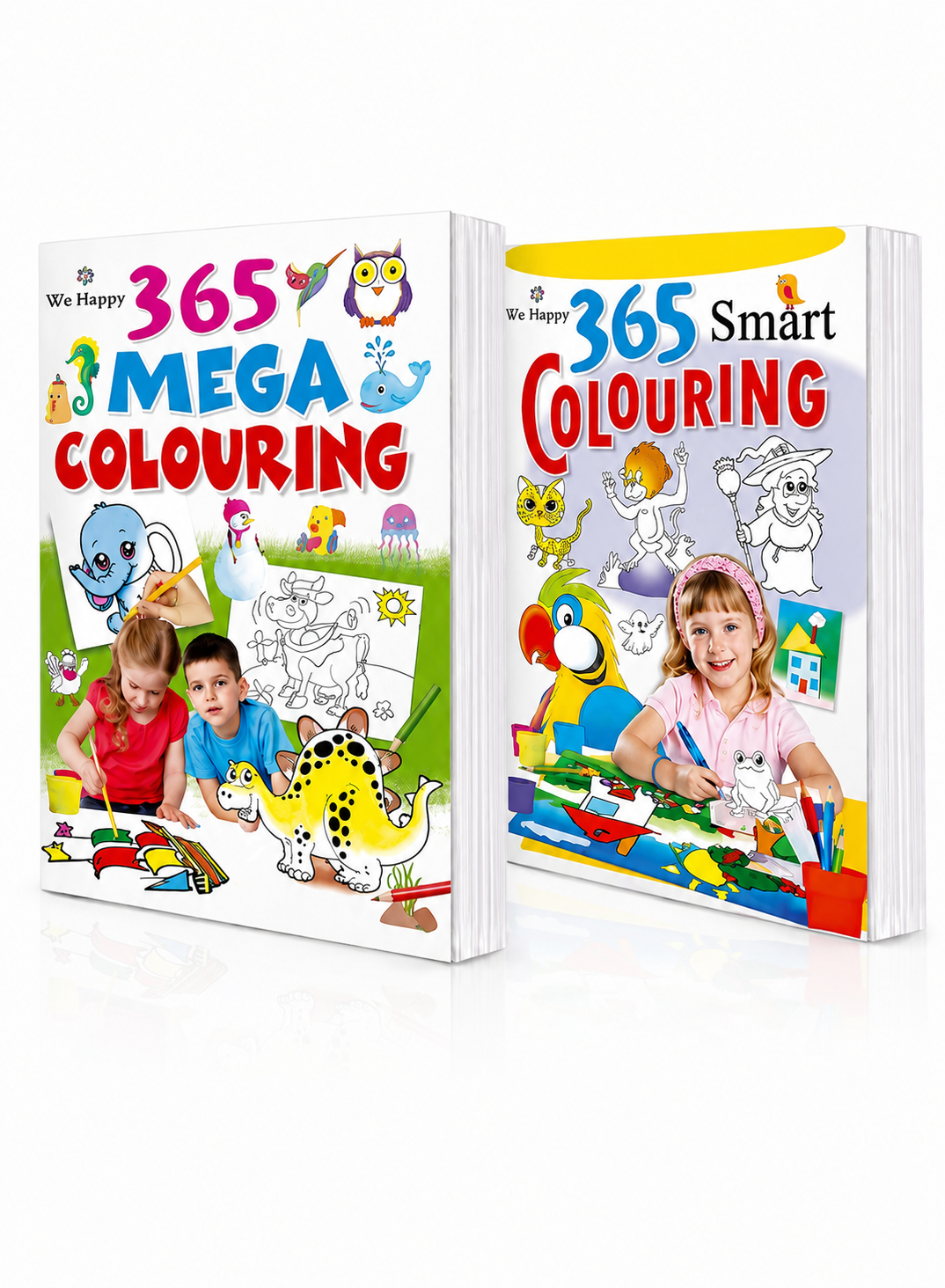 Two children's activity books shown on a clean white background: '365 Mega Colouring' and '365 Smart Colouring', both with colorful cartoon illustrations and photos of children coloring. No person or real environment is present outside the printed cover art, so this is Product/Packaging rather than Lifestyle.