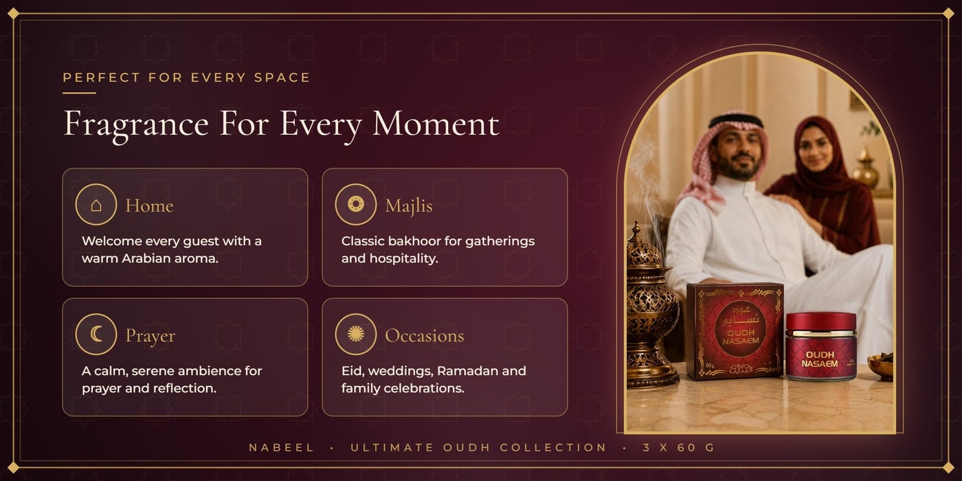 Three signature oud bakhoor fragrances – Nabeel, Nasaem, Black