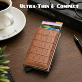 ASMARA RFID Blocking Pop Up Wallet for Men & Women, Crocodile Texture Leather Cover, Slim Aluminum Credit Card Holder, Automatic Card Ejector Wallet, Compact Cash & Card Organizer(Eyu Brown, 1 Pc)