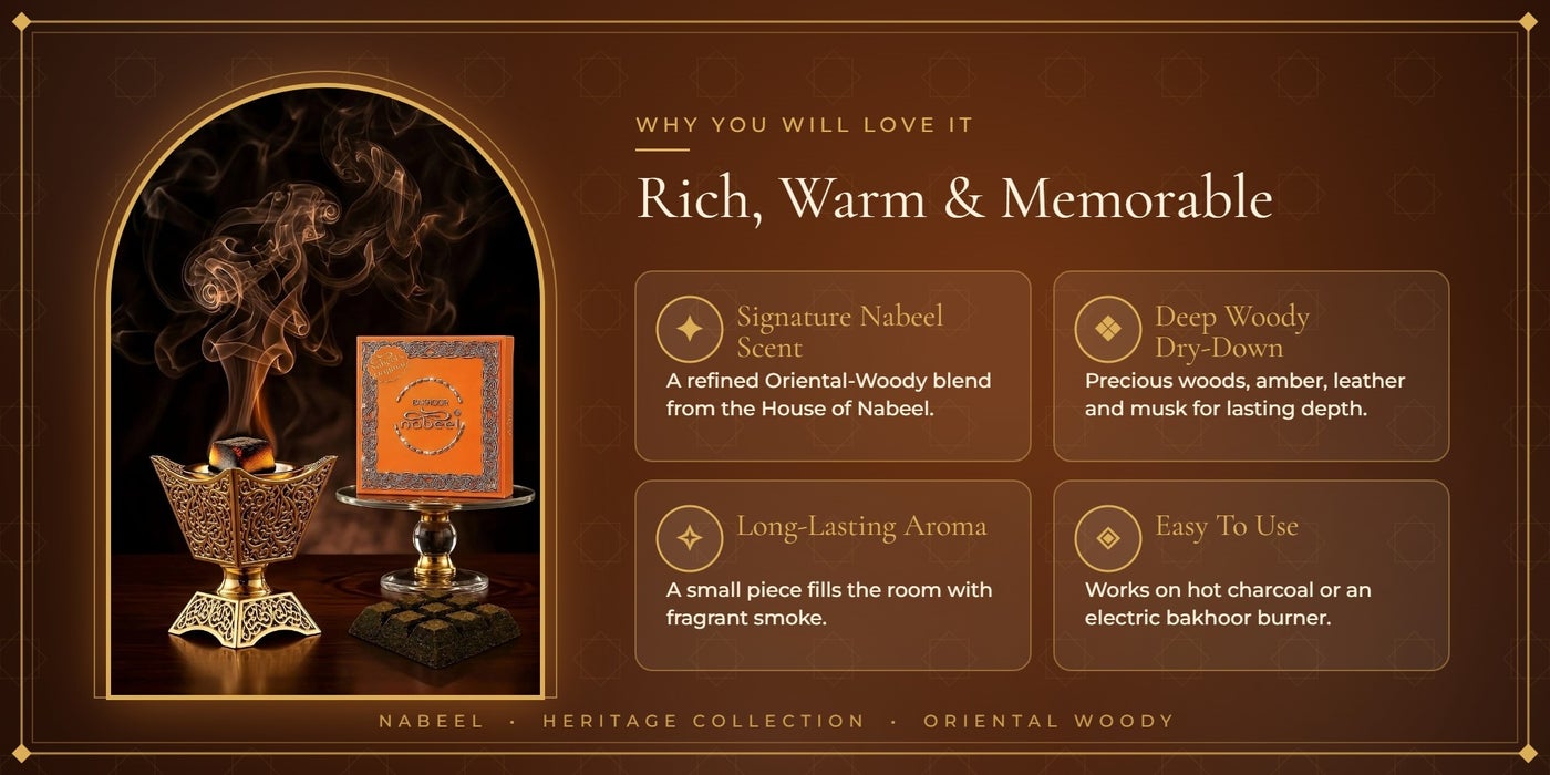 Nabeel Bakhoor key benefits – long-lasting oriental woody incense