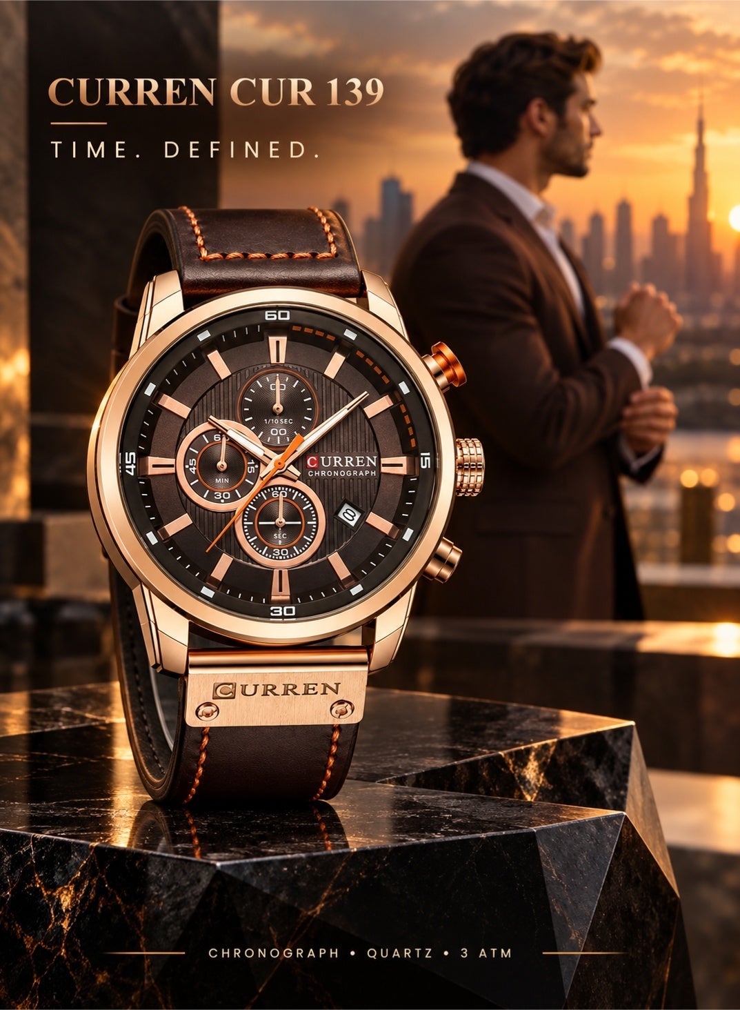 CURREN Men’s Chronograph Quartz Watch – Brown Leather, Date & 3ATM Water Resistance