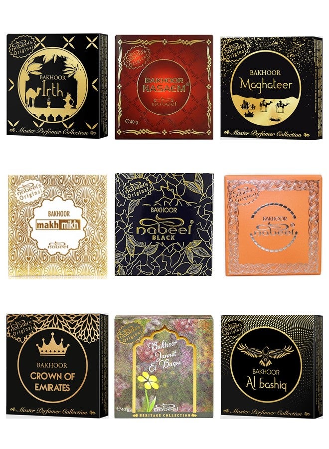 Pack of 9 Premium Bakhoor Nabeel, Nasaem, Black, Makh Mikh, Irth, Maghateer, Al Bashiq, Crown of Emirates and Jannet el Baqui Luxurious Arabian Incense for a Divine Ambiance