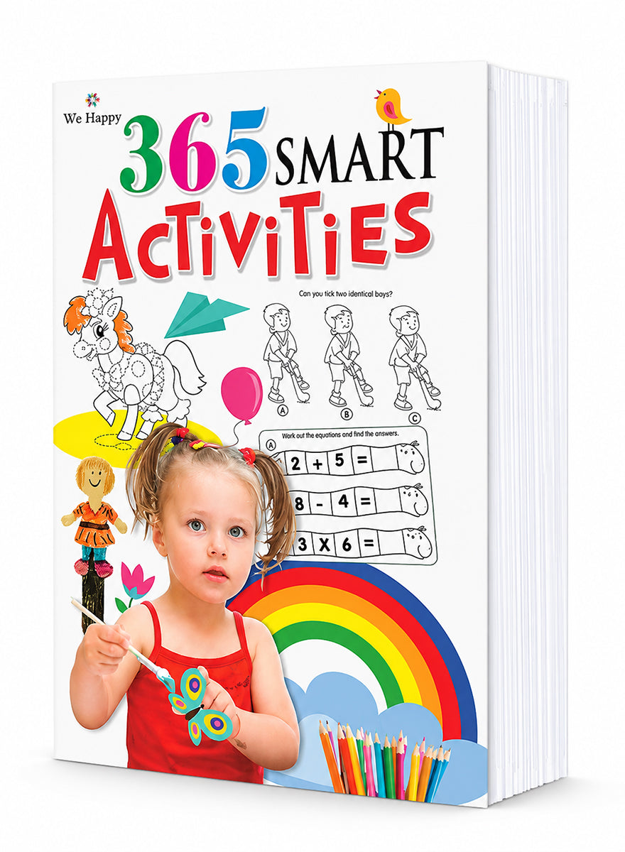 A children's activity book titled "365 SMART Activities" shown standing upright against a plain white background. The cover is white and features colorful text, cartoon illustrations, a rainbow, pencils, and a young child holding scissors.
