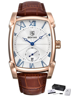 BENYAR Mens Luxury Rectangle Analog Quartz Watch 5114 – Waterproof Leather Strap Wristwatch for Casual, Formal Business Wear