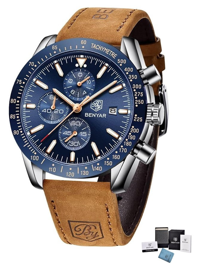 BENYAR Mens Quartz Chronograph Watch 5140 – Waterproof 45mm Analog Wristwatch with Leather or Stainless Steel Strap