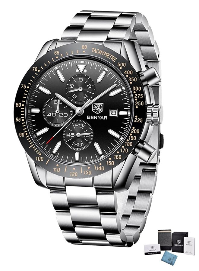 BENYAR Mens Quartz Chronograph Watch 5140 – Waterproof 45mm Analog Wristwatch with Leather or Stainless Steel Strap