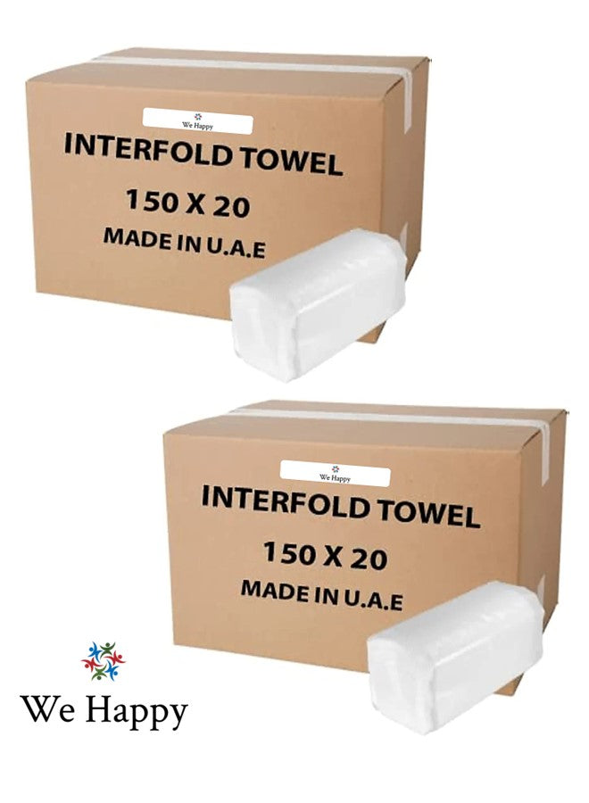 Interfold Tissue Papers Washroom Disposable Hand Facal Towel 150 Sheets x 20 Packs - 3000 Pcs