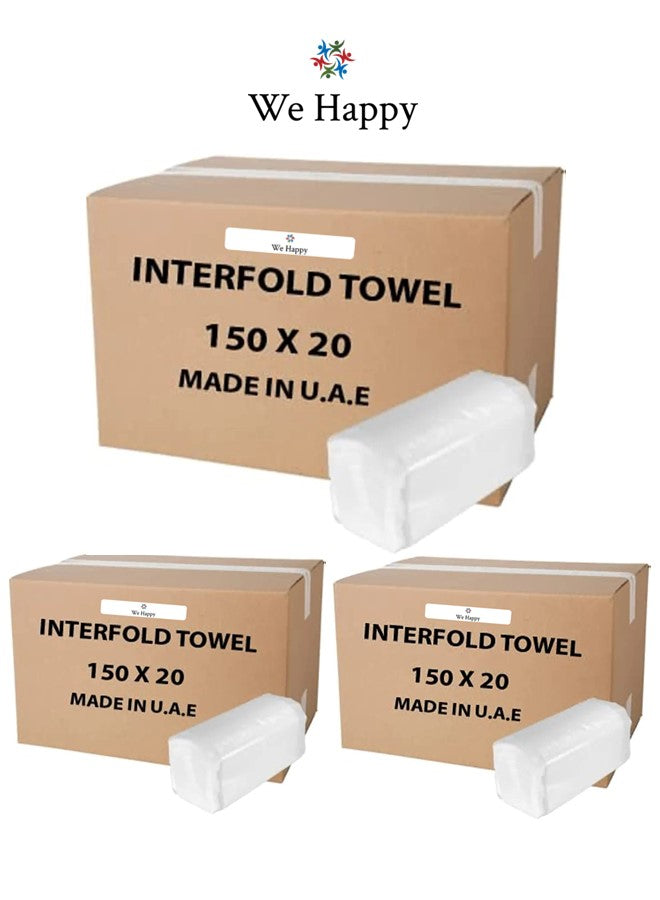 Interfold Tissue Papers Washroom Disposable Hand Facal Towel 150 Sheets x 20 Packs - 3000 Pcs