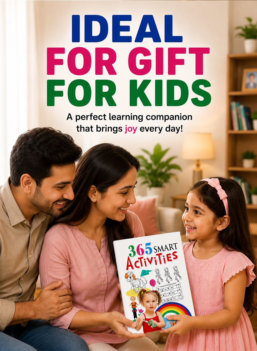 A family of three is shown in a cozy living room setting, with the mother holding a children's activity book titled '365 Smart Activities' while the father and daughter smile at her. Large promotional text at the top reads 'IDEAL FOR GIFT FOR KIDS' with a subtitle about it being a learning companion that brings joy.