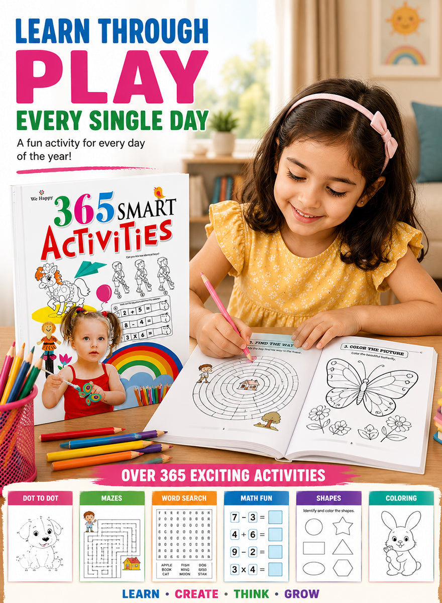 A young girl in a yellow dress and pink headband sits at a table reading and coloring from the '365 Smart Activities' book, with the book cover and a colorful activity booklet displayed in front of her. The scene is bright and cheerful, with a clean indoor background.