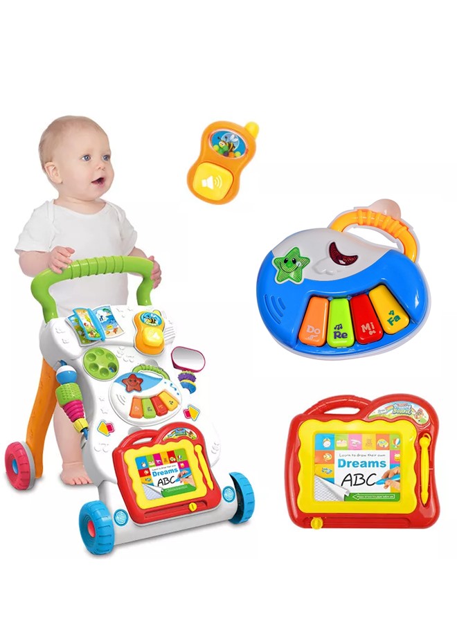 Baby Walker with Music and Toys Multi Functional Early Learning, Fine Motor, Limb Training Trolley Detachable Piano, Rattle, Lights, Phone