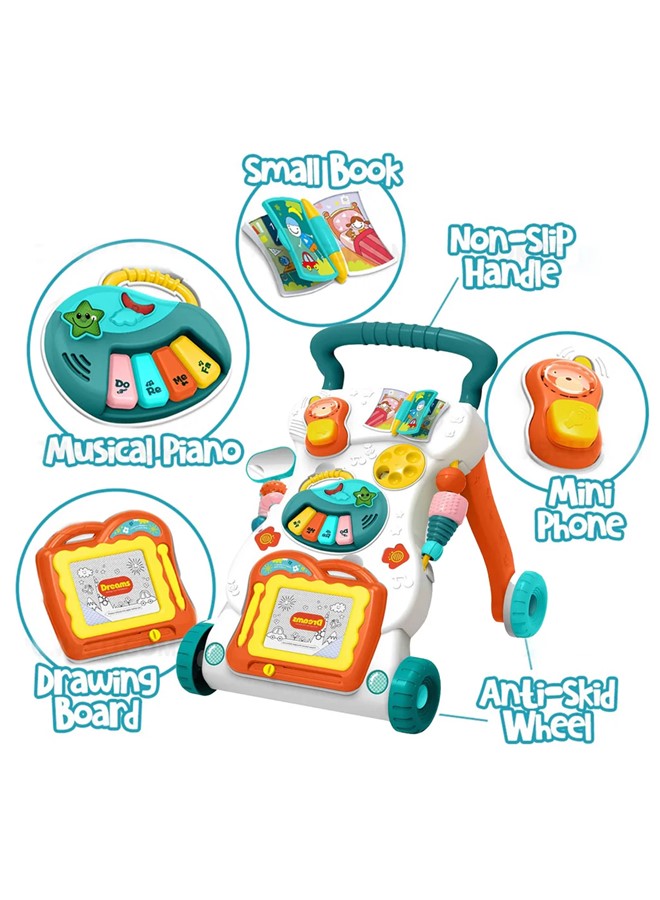 Baby Walker with Music and Toys Multi Functional Early Learning, Fine Motor, Limb Training Trolley Detachable Piano, Rattle, Lights, Phone