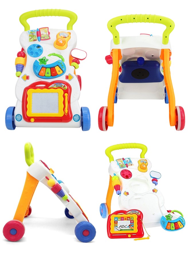 Baby Walker with Music and Toys Multi Functional Early Learning, Fine Motor, Limb Training Trolley Detachable Piano, Rattle, Lights, Phone