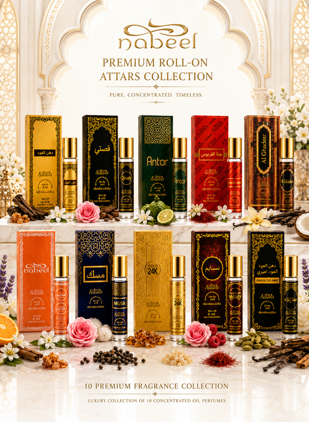 Nabeel 10-Piece Roll-On Attar Collection 6 ML – Handpicked Variety of Oud, Musk, Floral & Oriental Perfume Oils