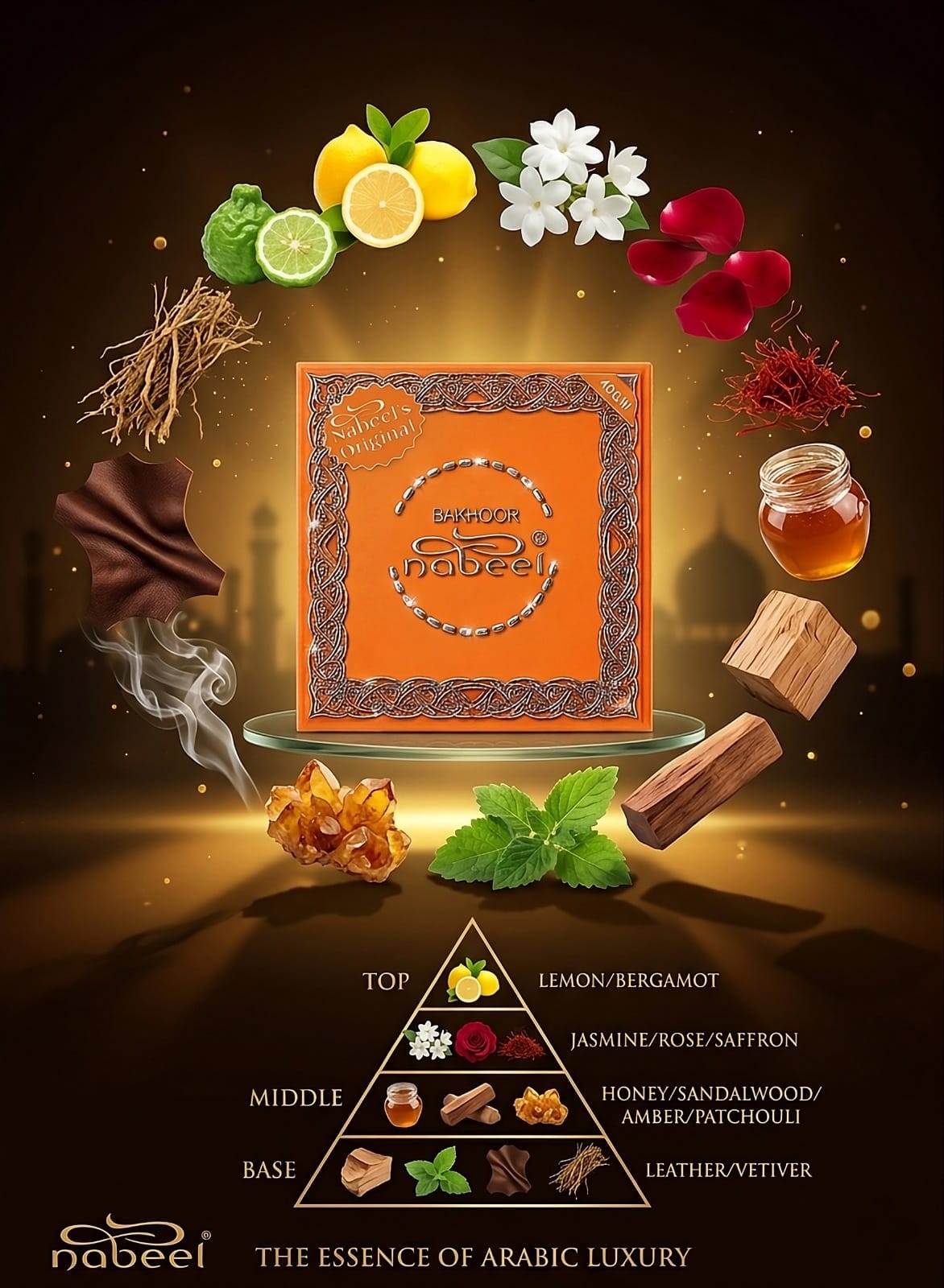 Fragrance notes and natural ingredients pyramid of Bakhoor Nabeel oudh incense