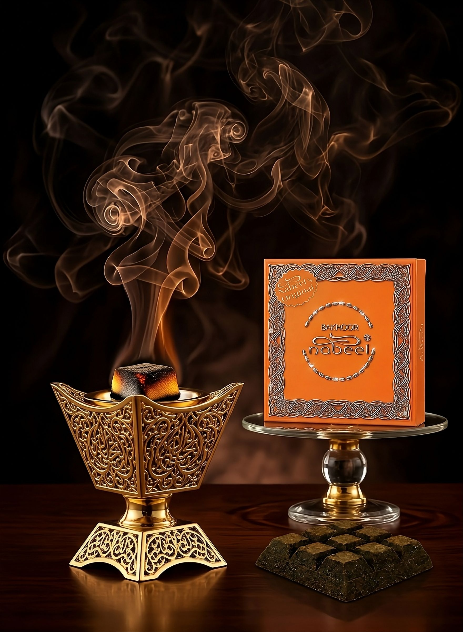 Nabeel Bakhoor surrounded by rich natural ingredients like rose petals and oudh wood