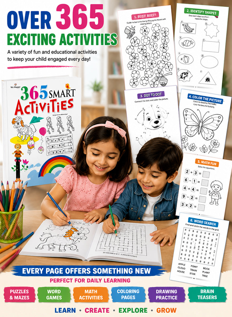 Promotional graphic for a children's activity book set, showing two children coloring on a table with worksheets and activity pages displayed around them. Large text reads 'OVER 365 EXCITING ACTIVITIES' and '365 SMART Activities.