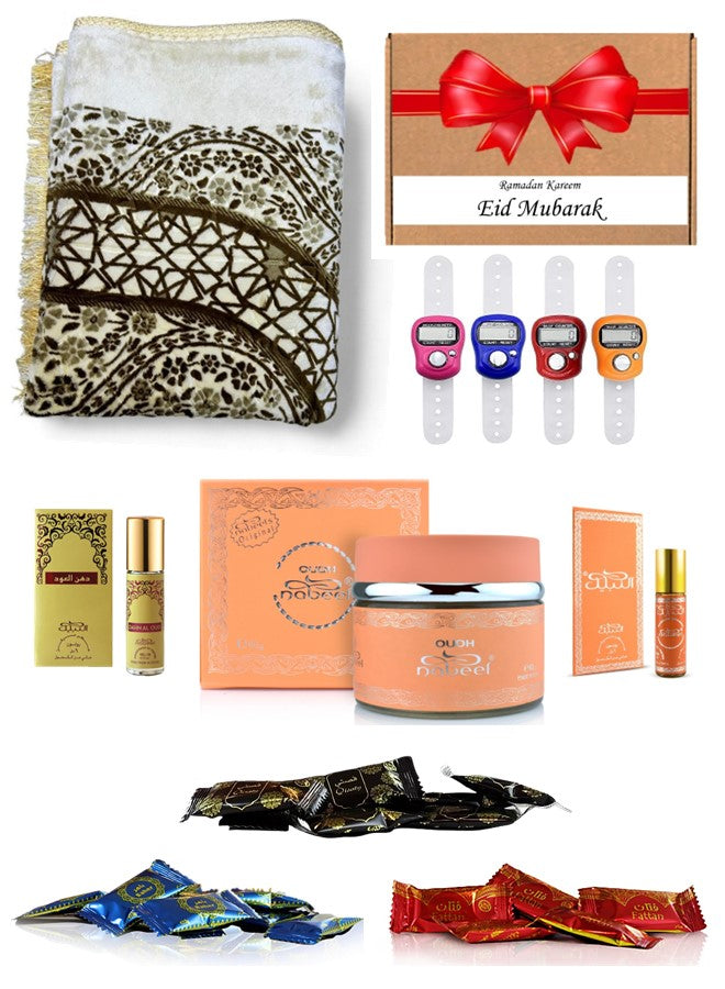Ramadan Eid Gift Set - Prayer Mat Digital Tasbih Nabeel Roll On, Oudh and Mini Bakhoor Elegant and Budget Friendly Islamic Gift Box for Muslim Family, Friends and Loved Ones