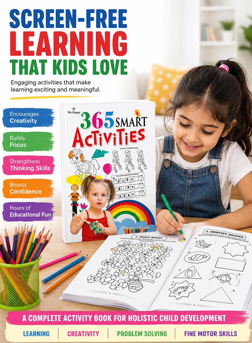 A children's activity book titled '365 Smart Activities' is shown alongside a young girl coloring in a book. The image includes large promotional text at the top and a colorful layout designed to market the book.